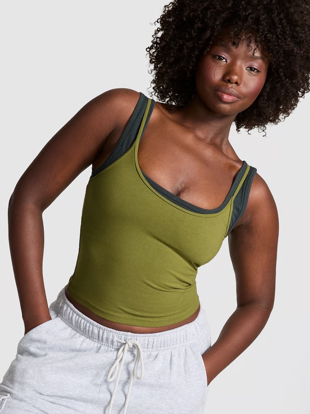 PINK Victoria's Secret Olive Ribbed Double-Strap Tank with Dark Trim